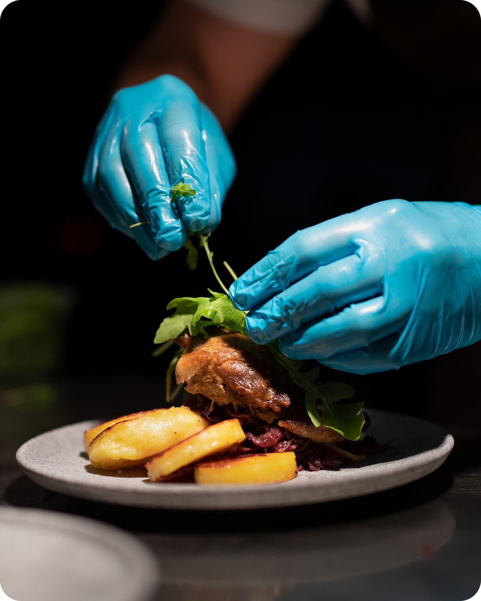 Chef plating food in kitchen
