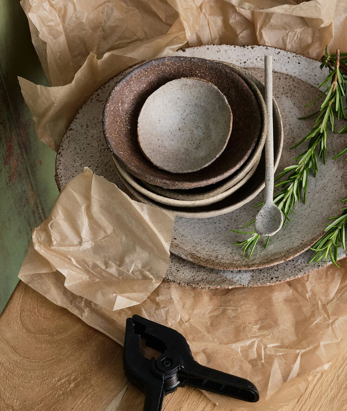 Ceramic plate and spoon on table