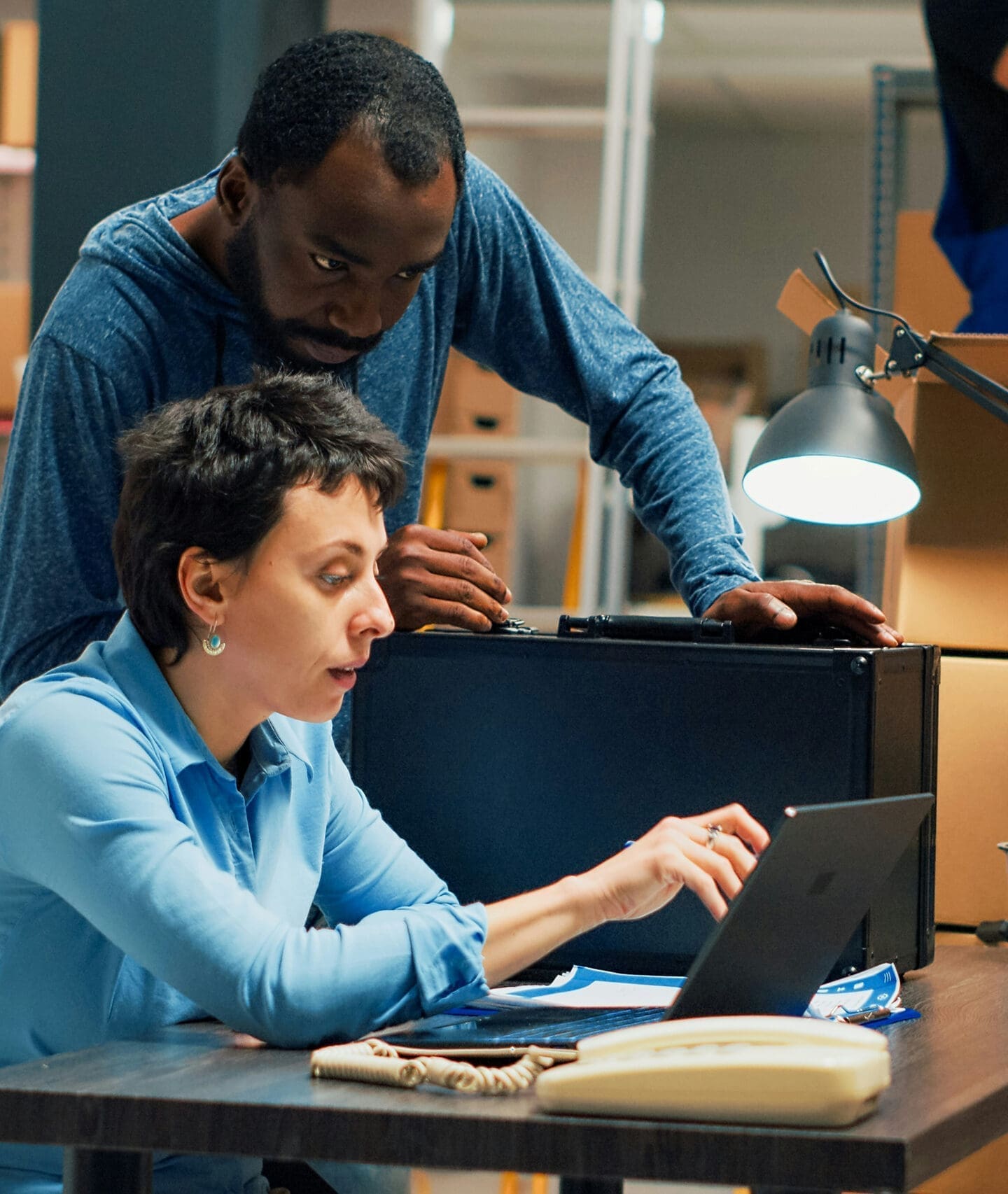 Workers looking at laptop